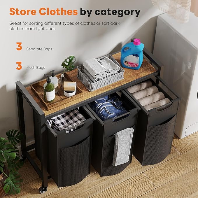 NEWBULIG Rolling Laundry Hamper with Removable Pull-Out Bag, Freestanding Clothes Basket Organizer with Wheels for Bathroom & Bedroom, 3 × 10.6 Gal (120L) - Rustic Brown & Black