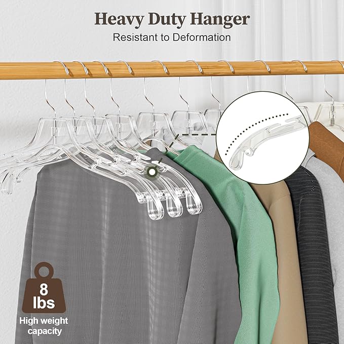 Clear Plastic Hangers 25 Pack, Heavy Duty Clothes Hangers with 360° Swivel Hook, 2.1" Ultra-Wide Non-Slip Notches & Non-Slip Grips for Dresses, Shirts, Coats, Suits