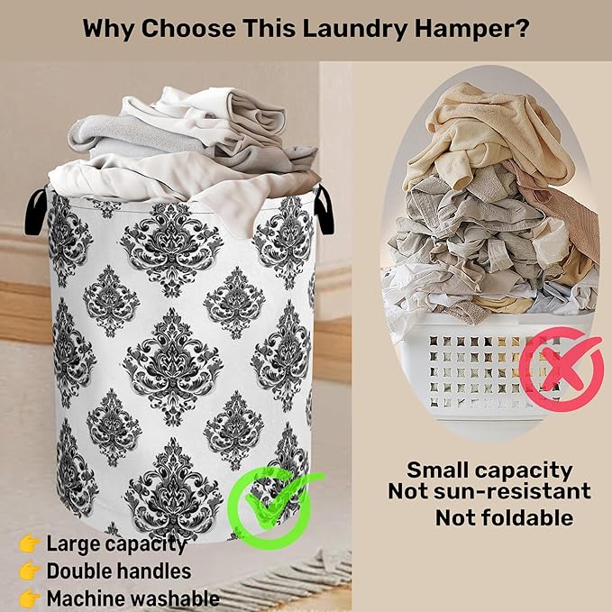 Black White Damask Flower Foldable Laundry Hamper - Waterproof Fabric Storage Basket with Handles, Clothes Hampers for Laundry,Bedroom,Dorm