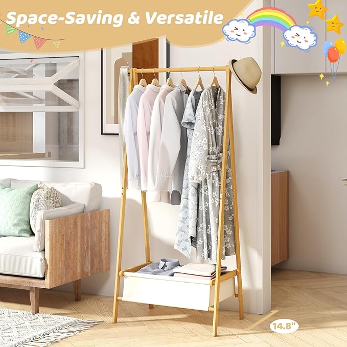 Clothing Rack with Storage Box, Dress Up Rack, Dress Up Storage, Large Foldable Bamboo Garment Stand with Hanging Rods, Dress Up Holder