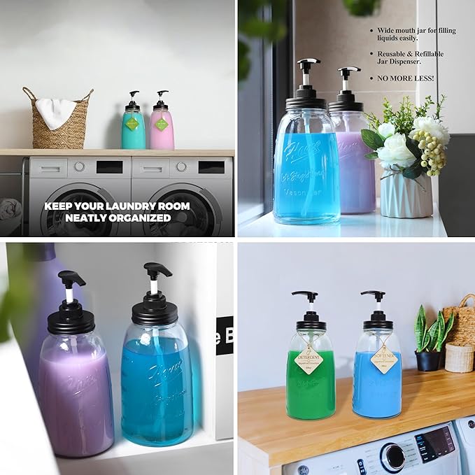 Glass Laundry Detergent Dispenser, Besuerte Set of 2 Laundry Detergent Containers, Refillable & Reusable 50oz Mason Jar Style Glass Soap Dispenser with Pump and Hanging Tags