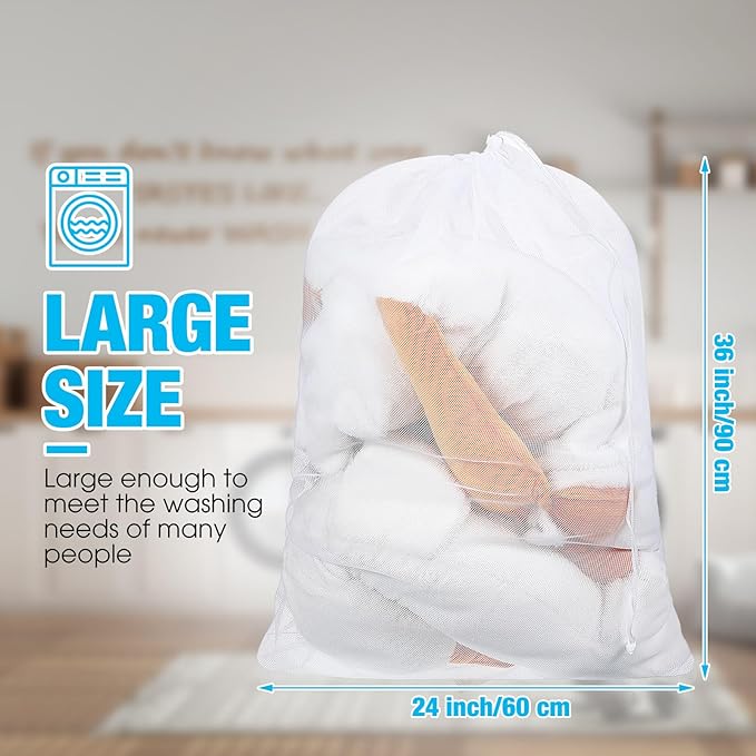 12 Pack 24 x 36 Inches Mesh Laundry Bag large Drawstring Heavy Duty Bag Bulk, Durable Machine Washable Storage for Factories, College, Dorm Hotel and Apartment Dwellers, White