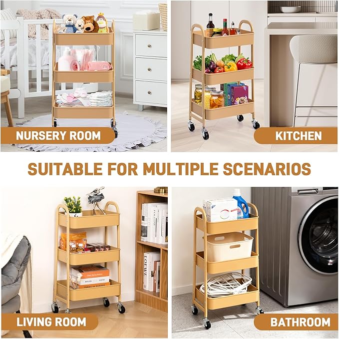 AGTEK 3-Tier Rolling Carts with Wheels, Rolling Utility Cart with Iron Frame for Kitchen, Plastic Shelves, Living Room, Office, Khaki