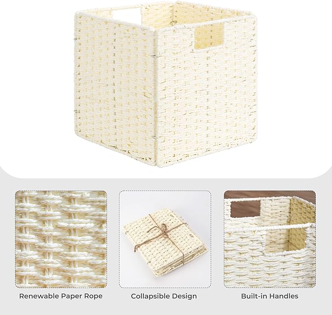 StorageWorks 11 inch Wicker Baskets, Handwoven Storage Cubes with Handles, Foldable Paper Rope Basket for Organizing, Beige, 2 Pack