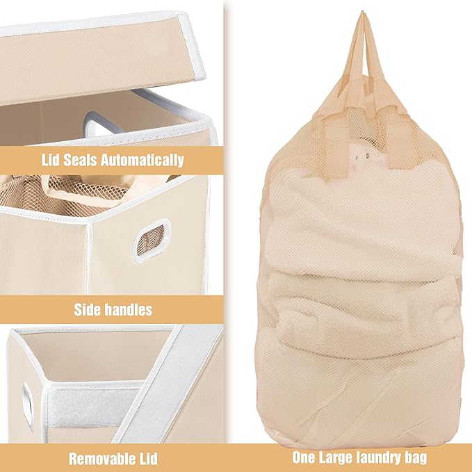 Simple Houseware Foldable Laundry Hamper Basket with Lid, Beige