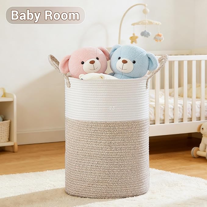 Tall Laundry Basket with Handles, 100L Portable Dirty Clothes Hamper, Boho Cotton Rope Storage Bin for Blankets Kids Toys Gifts, Extra Large Organizer for Baby Nursery Bedroom Bathroom, Brown