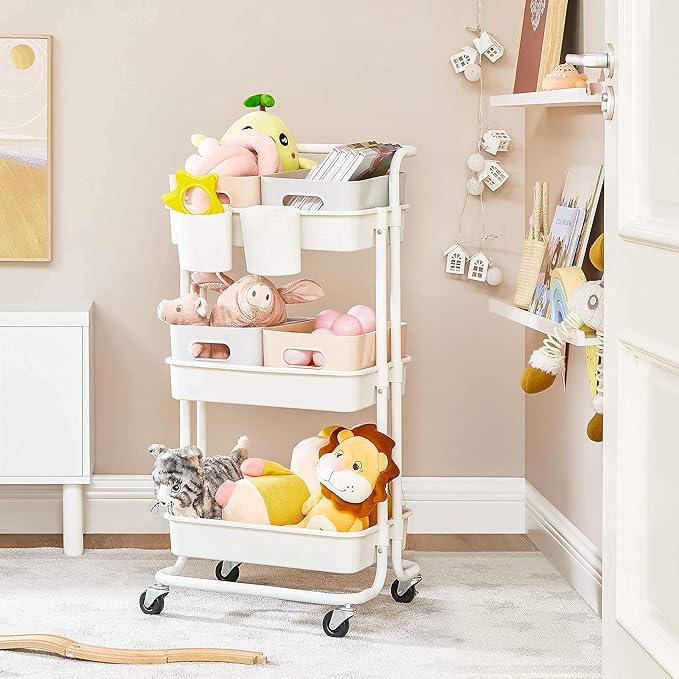 SONGMICS Rolling Cart, 3-Tier Storage Cart, Storage Trolley with Handle 2 Small Organizers, Steel Frame, Plastic Baskets, Utility Cart, Easy Assembly, for Bathroom Laundry Room, White UBSC067W01