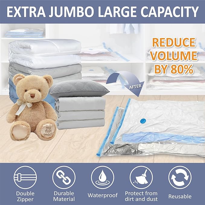 Cozy Essential 4 Pack XXL Jumbo Vacuum Storage Bags, Extra Sealed Bags for Comforters, Bedding, Blanket Storage, Space Saver Large Huge Stuffed Toy (47.2x35in), Transparent