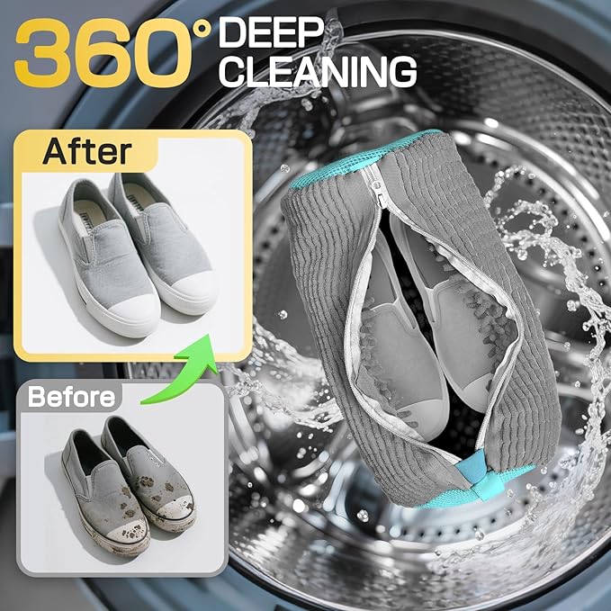 Shoe Washing Machine Bag,Reusable Laundry Cleaning bags for Washer and Dryer Fluffy Fibers 360° Wrap-Around Cleaning for All Shoes with Adjustable Shoe Trees & Dust-Proof Bag (Grey 4Pcs)