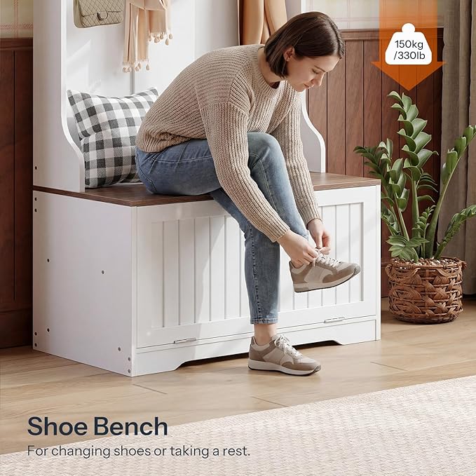 HOOBRO Hall Tree with Bench, 15.7''W Entryway Bench with Coat Rack, Shoe Cabinet with Flip Drawer, LED Hall Tree with 9 Hooks and 2 Open Compartments, Wooden, for Hallway, White and Walnut WH86DMT01