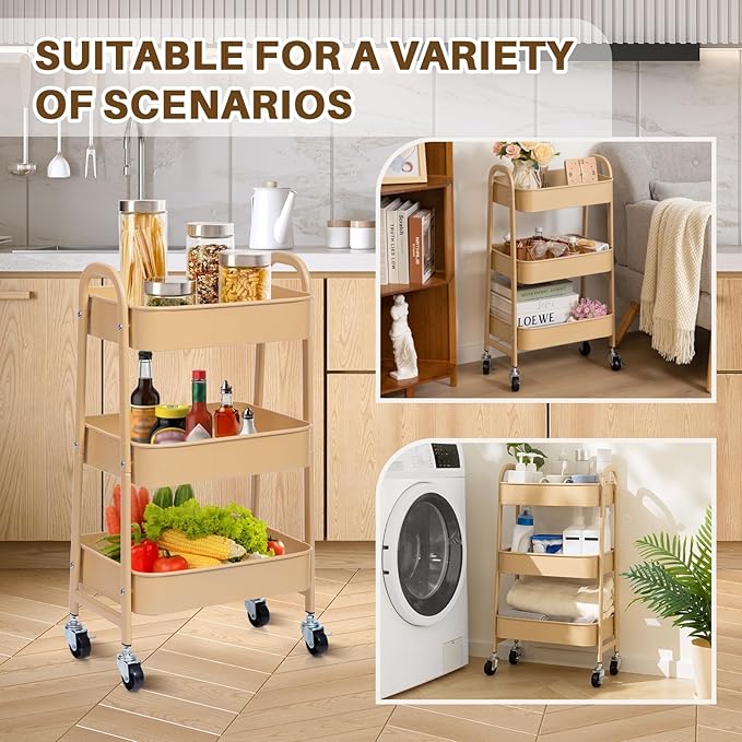 AGTEK 3 Tier Utility Rolling Cart with Lockable Wheels, Metal Multifunctional Storage, Organizer Cart for Kitchen, Office, Living Room, Makeup, Craft, Art Studio, Sand