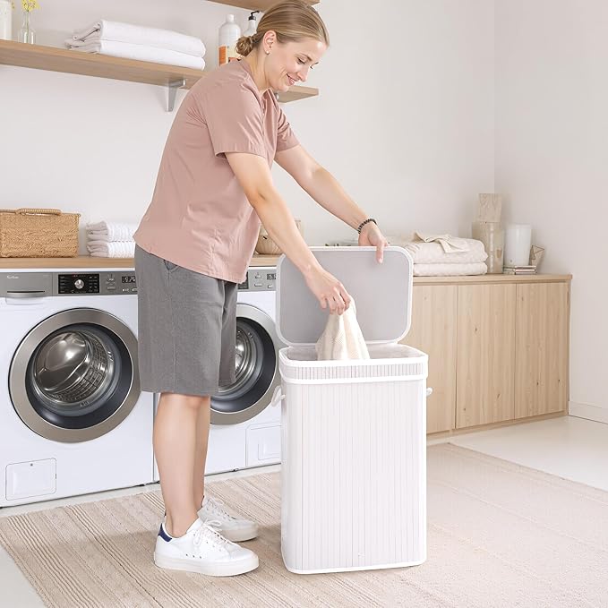 StorageWorks Laundry Hamper with Lid, Foldable Bamboo Laundry Basket, Clothes Hamper with Handles, Organizer and Storage for Laundry Room, Bedroom, Dorm, White
