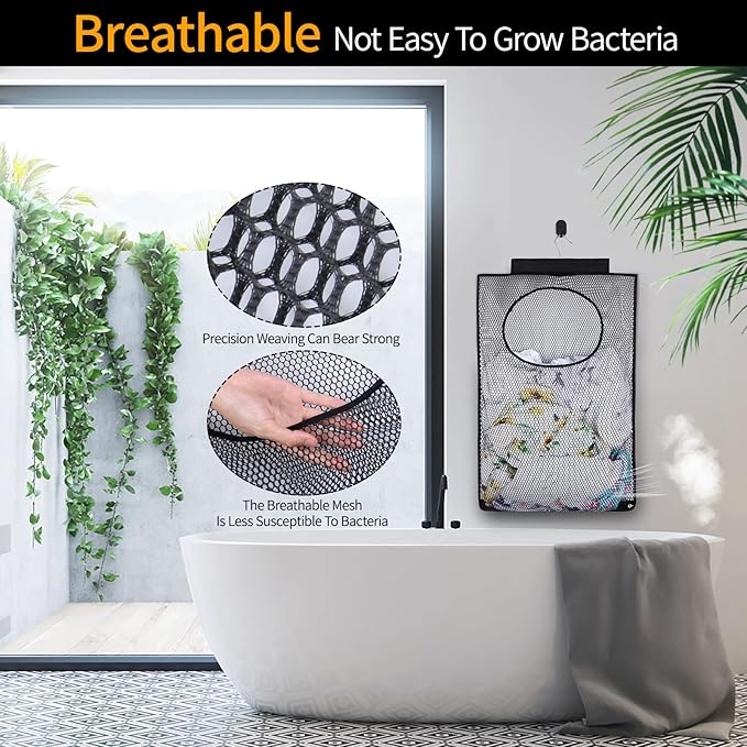 Breathable Mesh Laundry Hamper, Bringing Hooks Foldable Hanging Shower Caddy, Fast Drying Portable Space Saving Storage Bag, Applied to College Dorm Rooms, Gym, Swimming and RV Travel (Black)