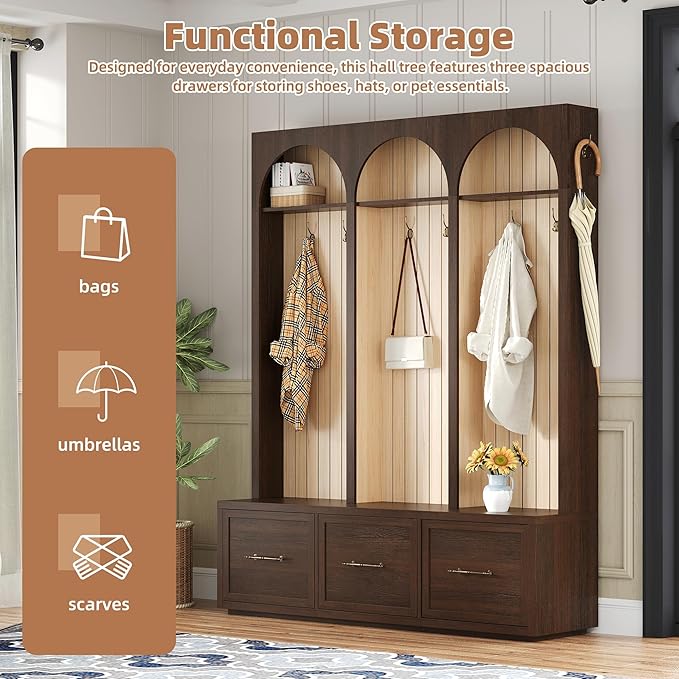 Farmhouse Hall Tree with Three Arched Design, All-in-One Design Wooden Coat Rack & Shoe Organizer with 3 Drawers, 59" Wide Entryway Bench with 8 Retro Hooks for Mudroom, Living Room (Dark Walnut//538)