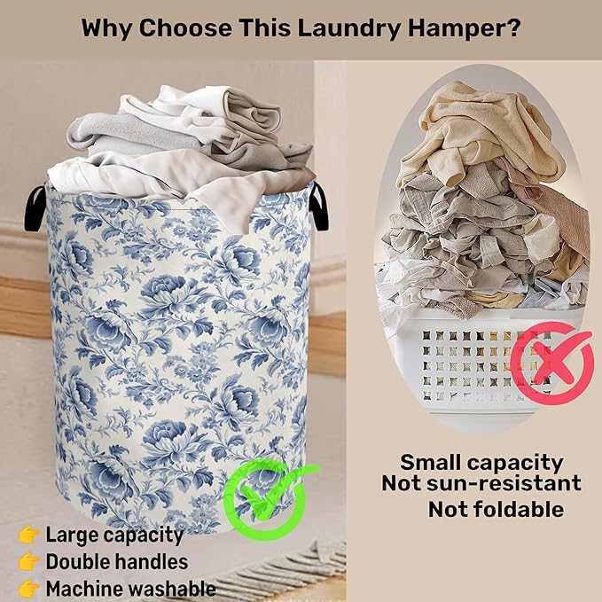 Beige Navy Blue Floral Laundry Basket with Handles - Extra Large Foldable Hamper for Bathroom/Laundry/Bedroom/Dorm, Washable Fabric Storage Bin