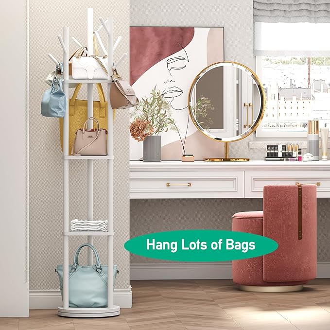 Rotary Coat Rack Stand with 8 Hooks, Bamboo Wood Coat Tree for Clothes/Bags/Hats, Large Coat Rack Freestanding for Entryway (White)