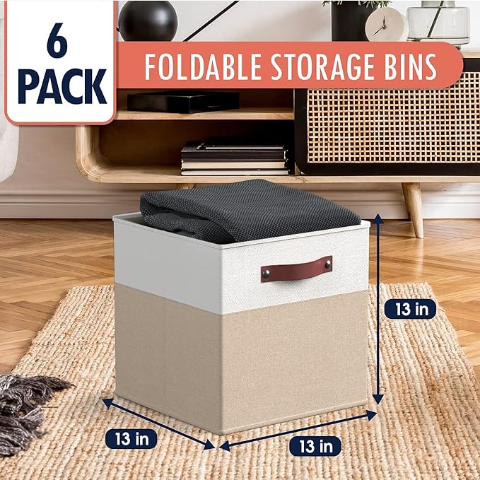 Ornavo Home 13 x 13 Storage Cube Bins, Foldable Collapsible Fabric Storage Bins Box Linen Shelf Basket Cube Organizer for Closet with Leather Handles, 6 Pack, White/Khaki