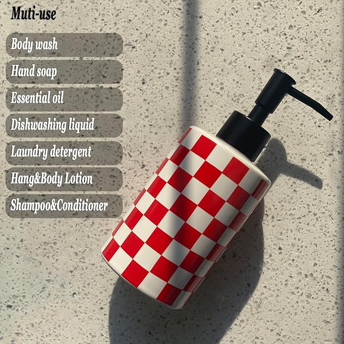 Bathroom Soap Dispenser with Matte Black Pump White Ceramic Soap Dispenser for Kitchen Checkerboard Empty Pump Bottle (RED)