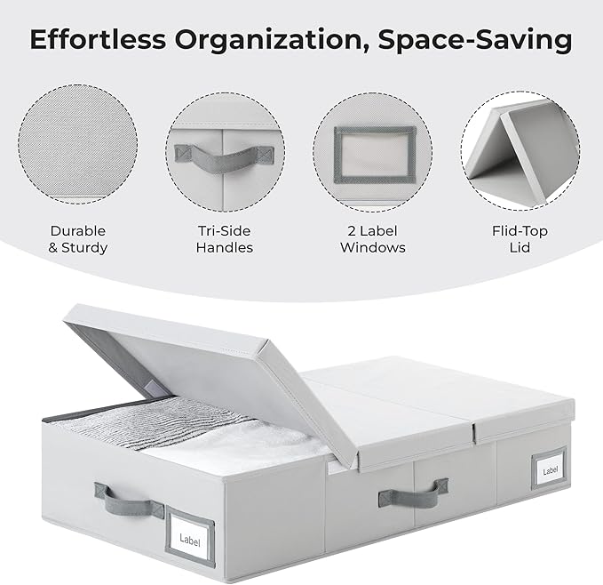 Cupic Cupid 6.5" Foldable Underbed Storage Box with Lid, 58L Standard Under Bed Storage Containers with Reinforced Bottom for Bedroom Closet Organization, Sturdy Clothes & Shoe Organizer,2 Pack,Grey