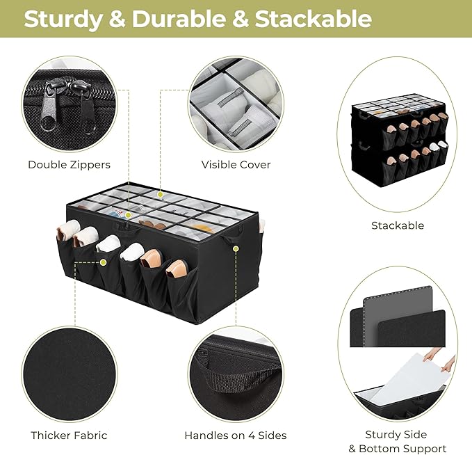 Shoe Organizer for Closet, Shoe Storage Solution with Clear Cover & Adjustable Dividers, Fabric Shoe Box Fits 16 +12 Pairs Shoes, Black, 1-Pack