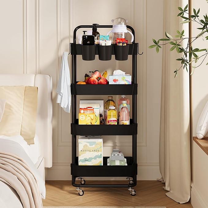 Buzowruil 4-Tier Rolling Utility Cart, Storage Cart with Handle Multi-Purpose and Locking Wheels,with Hanging Basket and Hook for Office, Kitchen, Bathroom,Black