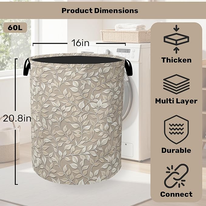 Beige Leaves Modern Laundry Basket - Heavy Duty 60L Dirty Clothes Organizer, Water Resistant Foldable Hamper for Men Women