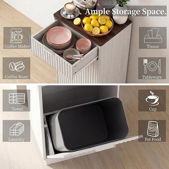 Tilt-Out Trash Cabinet, White Laundry Hamper Cabinet with Black Top, 34.3 x 19 x 13.8 inches, 10 Gallon Capacity, Wave-Textured Front, Storage Drawer.