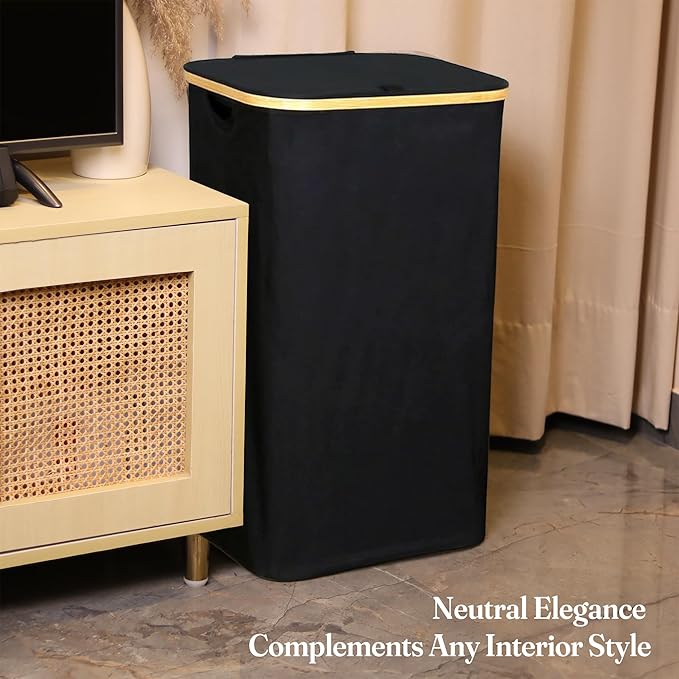 Fine Living 100L Large Laundry Hamper with Lid, Narrow Foldable Slim Laundry Basket with Bamboo Handles, Skinny Tall Dirty Clothes Hamper for Dorm, Bathroom & Bedroom, Black