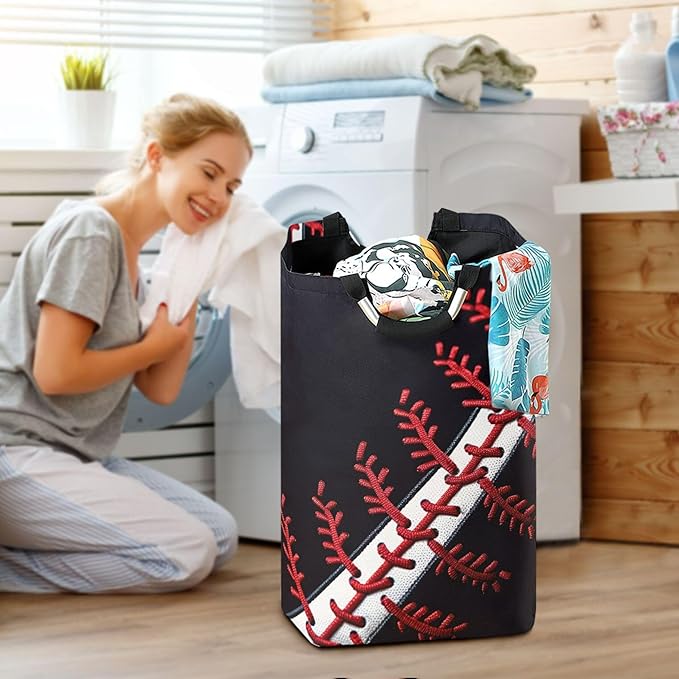 xigua Baseball Stitch Large Laundry Hamper with Handle, Foldable Clothes Hamper Collapsible Storage Basket for Toys and Clothes Organization in Bedroom, Bathroom, and Laundry Room