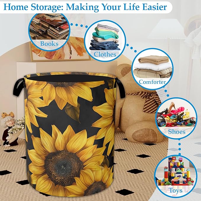 Sunflowers Laundry Basket Collapsible Laundry Hamper Oxford Storage Bin for Clothes Storage, Toy Organizer, Books and Sundries 16" X 20.8"