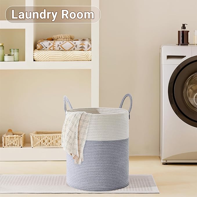 Tall Laundry Basket with Handles, 58L Portable Dirty Clothes Hamper, Boho Cotton Rope Storage Bin for Blankets Kids Toys Gifts, Decorative Organizer for Baby Nursery Bedroom Bathroom, Grey