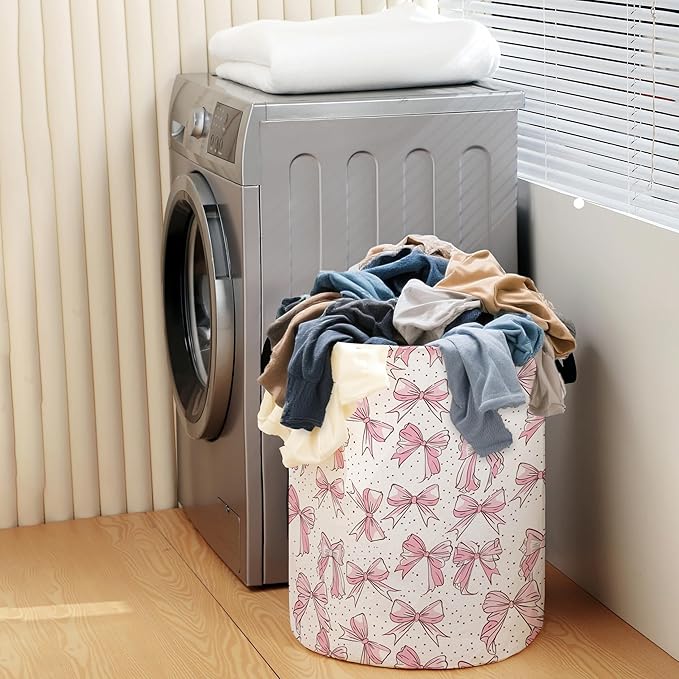 Pink Laundry Basket for Bedroom,Dirty Clothes Basket,Laundry Basket with Handles,Kids Girls Room Canvas Hamper Bag,Blankets,Towel,Toy Storage Organizer