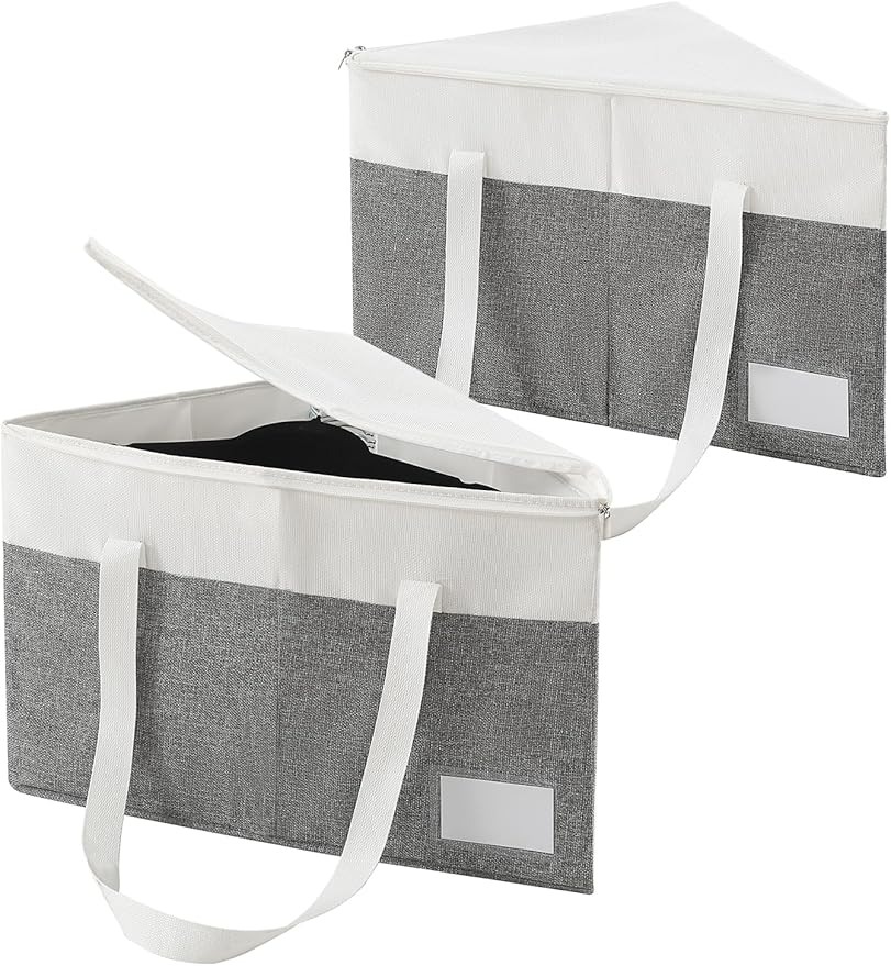 Beveetio 2-Pack Rigid Hanger Organizer Bags with Lid, Triangle Hanger Storage Organizers for Closet, Laundry Room, Wardrobe, Drying Rack, Dustproof Space Saving Holder, Grey & White