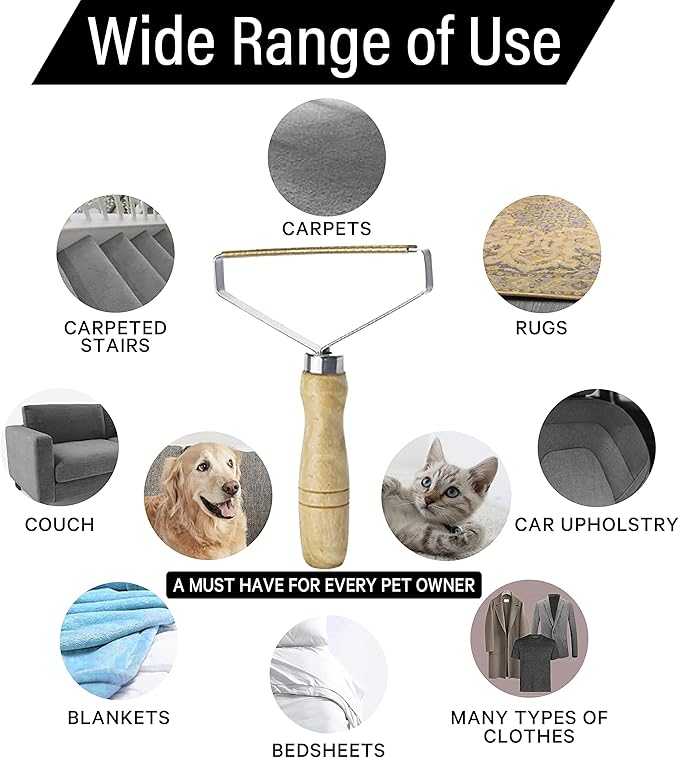 Pet Hair Removers 2 Pack Reusable Metal Lint Remover Tool – Durable Pet Hair Remover Tool with Wooden Handle | Portable Fabric Shaver Fuzz Cleaner for Clothes, Carpet & Furniture, Couch