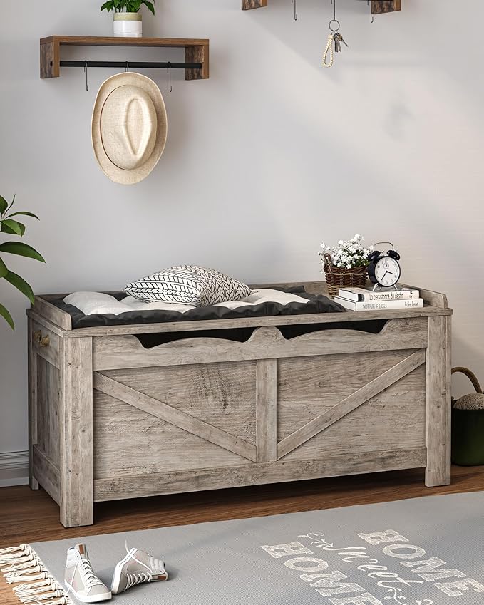 39.4" Storage Chest, Lift-Top Storage Trunk with 2 Hinges, Wooden Bench Box Chest Organizer for Bedroom, Entryway, Living Room, Greige SB04505X
