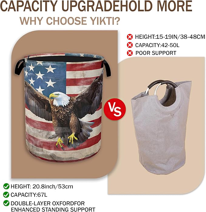 Bald Eagle Laundry Basket,American Flag Clothes Hamper,Oxford Cloth Collapsible Nursery Hamper Storage Organization for Bedroom,Bathroom,Office,College Dorms,16x20 Inch