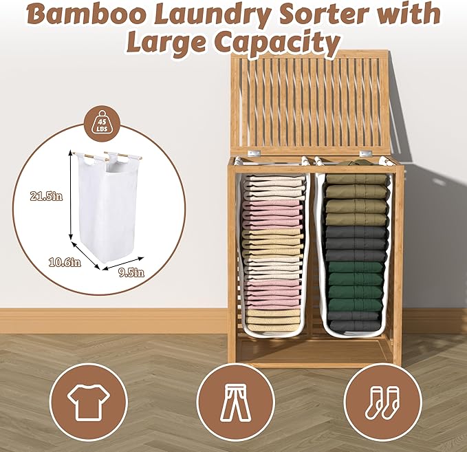 VEIKOU Hamper with Lid, Bamboo Laundry Hamper 2 Compartment, Divider Dirty Clothes Hamper, 120L Large Foldable Laundry Hamper with Removable Liners Bags