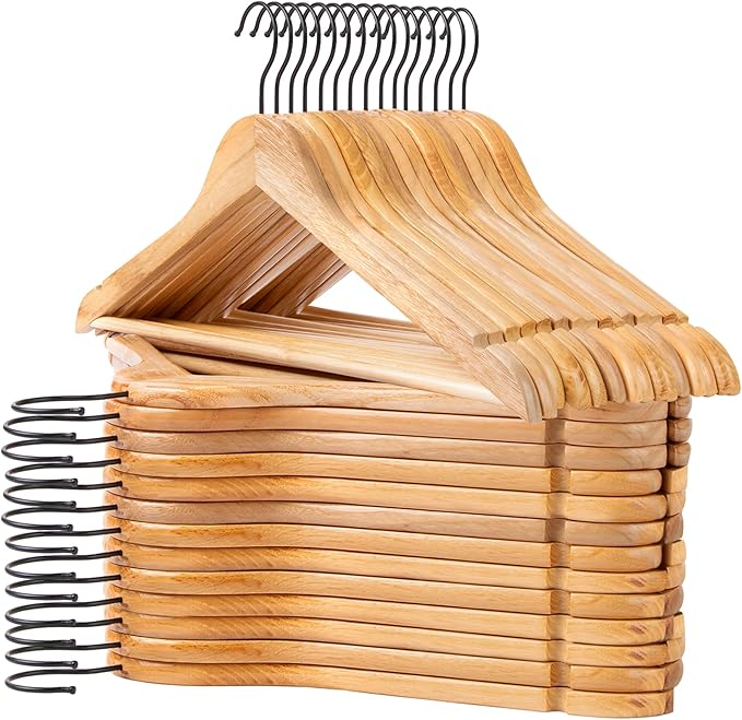 JS HANGER Wooden Hangers 30 Pack, Natural Wood Suit Hangers with Non Slip Shoulder Grooves, Clothes Hangers for Coats, Shirts, Jackets, Pants, Suits