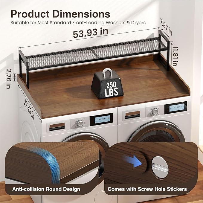Washer Dryer Countertop with Shelf, 54" x 27.5" Wooden Washer and Dryer Topper, Laundry Countertop with Anti-Slip Pads, Washer Dryer Topper for Laundry Room Organization and Storage (Dark Wood)