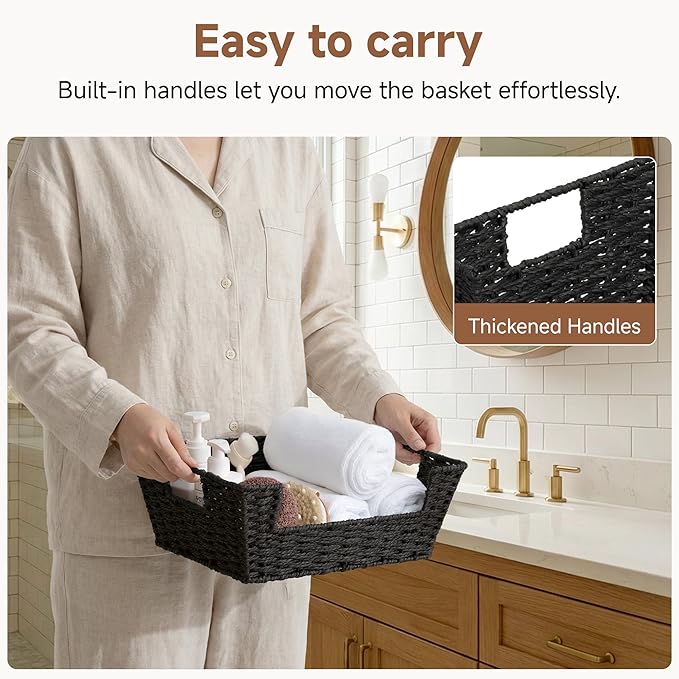 StorageWorks Wicker Storage Basket, Pantry Organizers and Storage, Stackable Storage Baskets for Shelves, Paper Rope Baskets for Organizing, Black