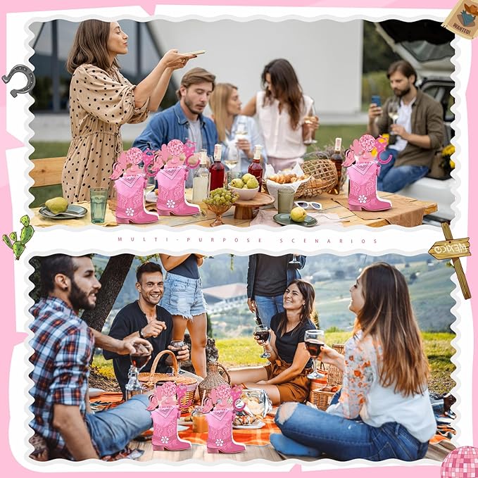 8 Sets 129 Pcs Pink Cowboy Western Party Centerpieces with Cowboy Boots Shaped Box Cutouts and Sticks for Western Party Birthday Decor