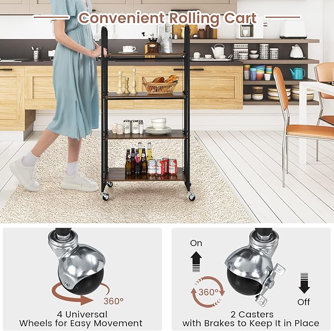 Giantex Foldable Storage Shelves with Wheels, No Assembly 4-Tier Rolling Cart, 2 of The Wheels Have Locks, Microwave Utility Cart Baker Rack, Portable Storage Rack w/Metal Frame, for Kitchen, RV