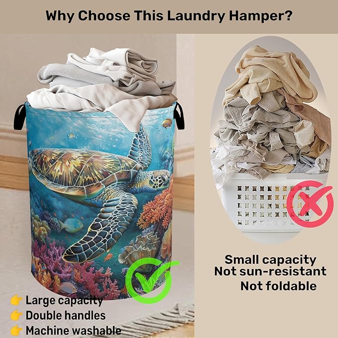 Sea Turtle Foldable Canvas Laundry Basket with Handles - Storage Organizer, Heavy Duty for Home，Bedroom, Dorm, Bathroom