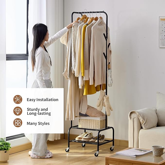 FILWH Rolling Coat Rack with Storage Shelf Freestanding Coat Rack Hall Tree with 6 Hooks for Entryway, Bedroom Metal Clothes Hanger Stand for Hats, Jackets, Bags,Shoes (Black, Double-layer)
