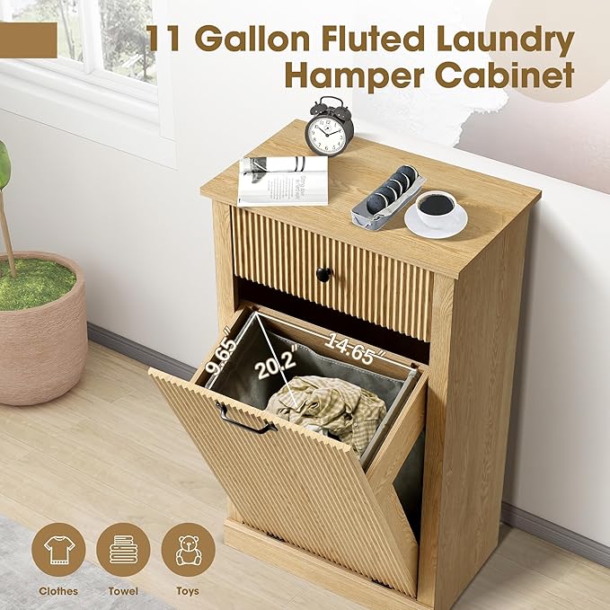 Grepatio Fluted Laundry Hamper, Tilt Out Laundry Hamper Cabinet, 11 Gallon Hidden Trash Can, Wooden Garbage Can Cabinet with Drawer, Free Standing for Bathroom, Kitchen (Natural, Single)