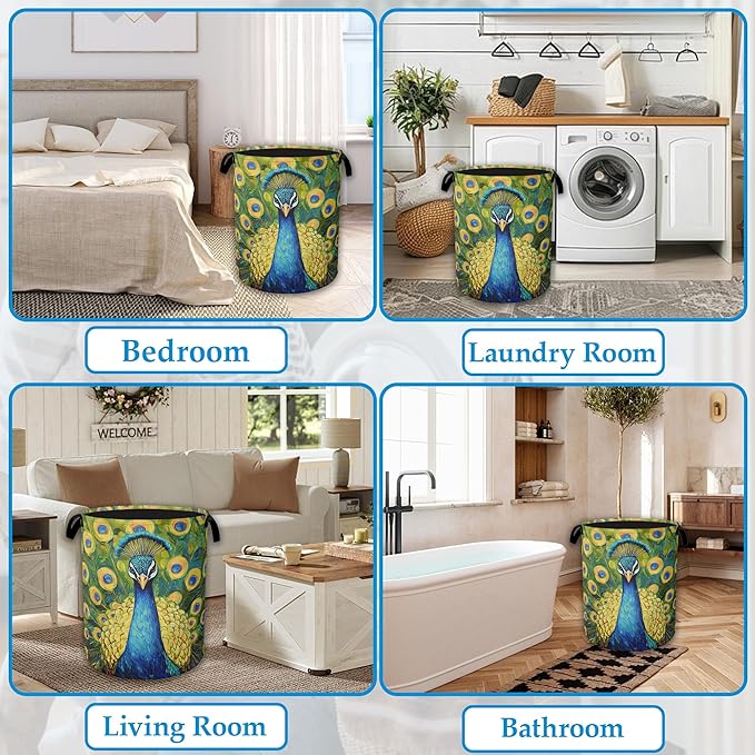 Peacock Laundry Basket Collapsible Laundry Hamper Clothes Toy Storage Bin for Bathroom Bedroom Room Decor 16" X 20.8"