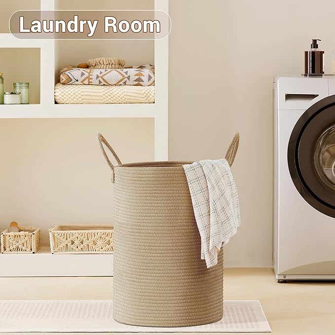 Tall Laundry Basket with Handles, 72L Portable Dirty Clothes Hamper, Boho Cotton Rope Storage Bin for Blankets Kids Toys Gifts, Decorative Organizer for Baby Nursery Bedroom Bathroom, Jute