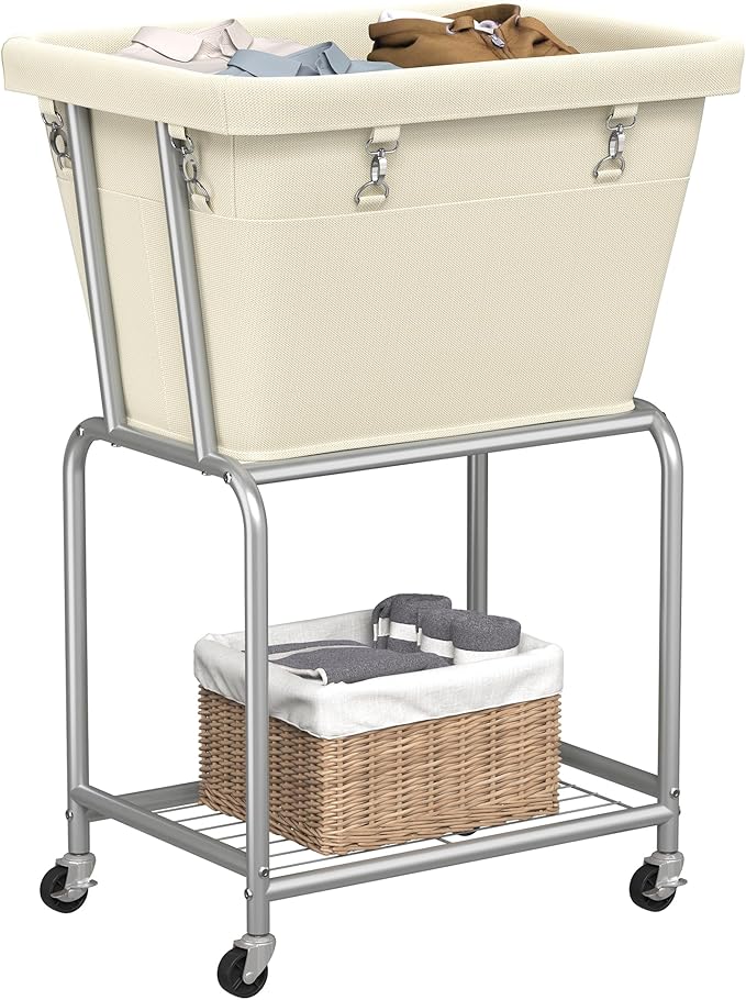 ELYKEN Rolling Laundry Hamper with Wheels, Laundry Cart with Removable Bag, Heavy Duty Metal Frame, 2-Tier Clothes Basket Hamper with Shelf for Closet, Bedroom, Bathroom, Laundry Room, Cream