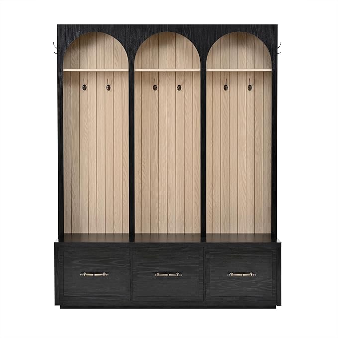 Farmhouse Hall Tree with Three Arched Design, All-in-One Design Wooden Coat Rack & Shoe Organizer with 3 Drawers, 59" Wide Entryway Bench with 8 Retro Hooks for Mudroom, Living Room (Black//538)