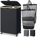 Goodpick Laundry Basket with Wheels, 150L Double Laundry Hamper 2 Section Extra Large Clothes Hamper with Removable Wash Bag Collapsible Dirty Clothes Basket for Bedroom, Bathroom, Black